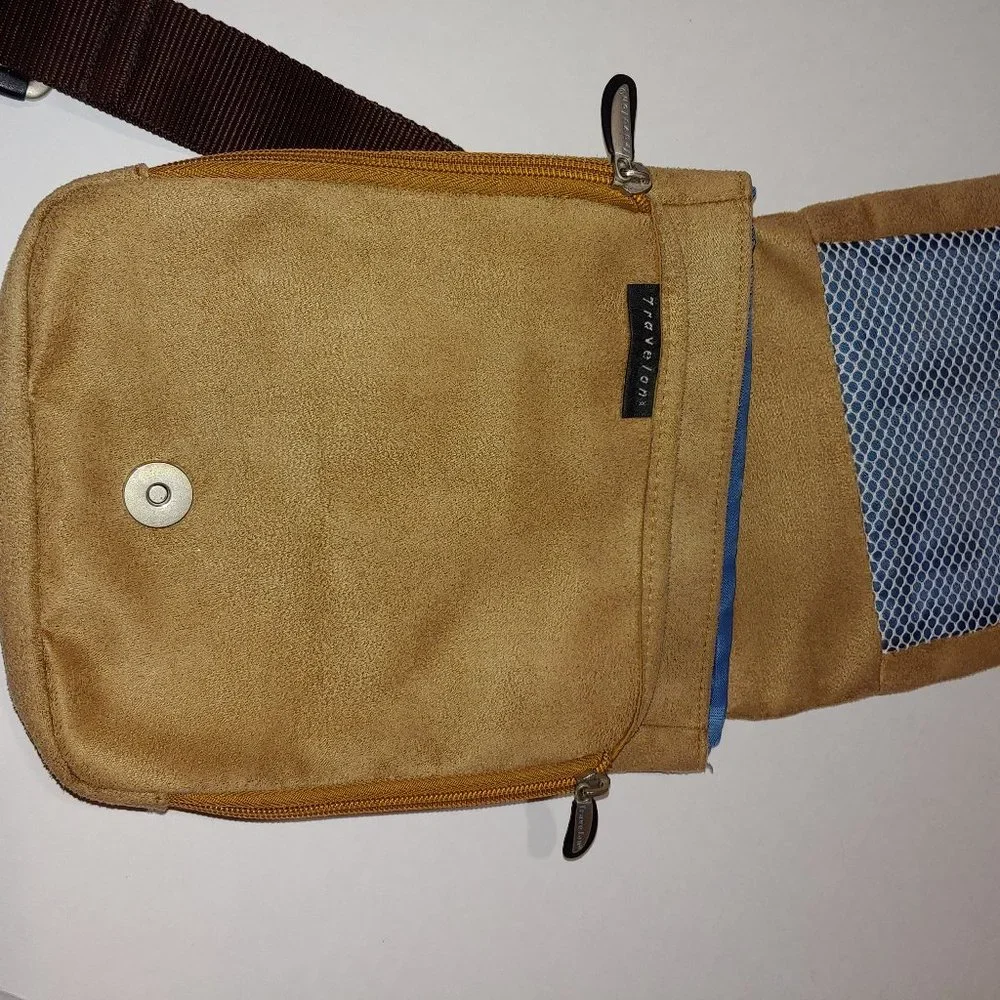Travelon Crossbody Sling Bag Organizer Anti Theft Faux Suede Brown